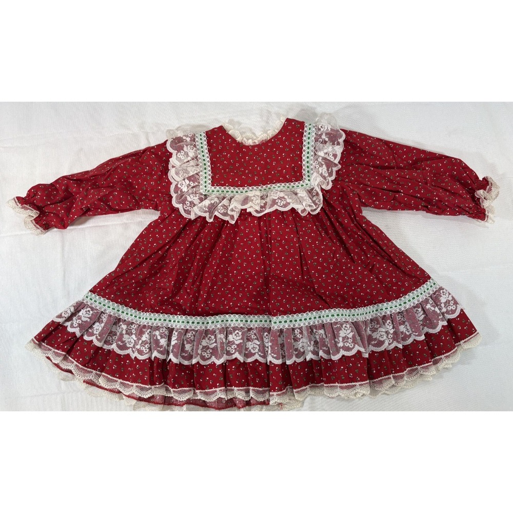 Vintage Bryan Red White Long Sleeve Lace Trim Dress 24M Toddler Girl USA Ruffle